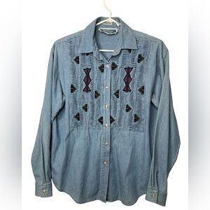 Vintage 1994 Southwest Canyon Denim Shirt M Embroidered Aztec Western